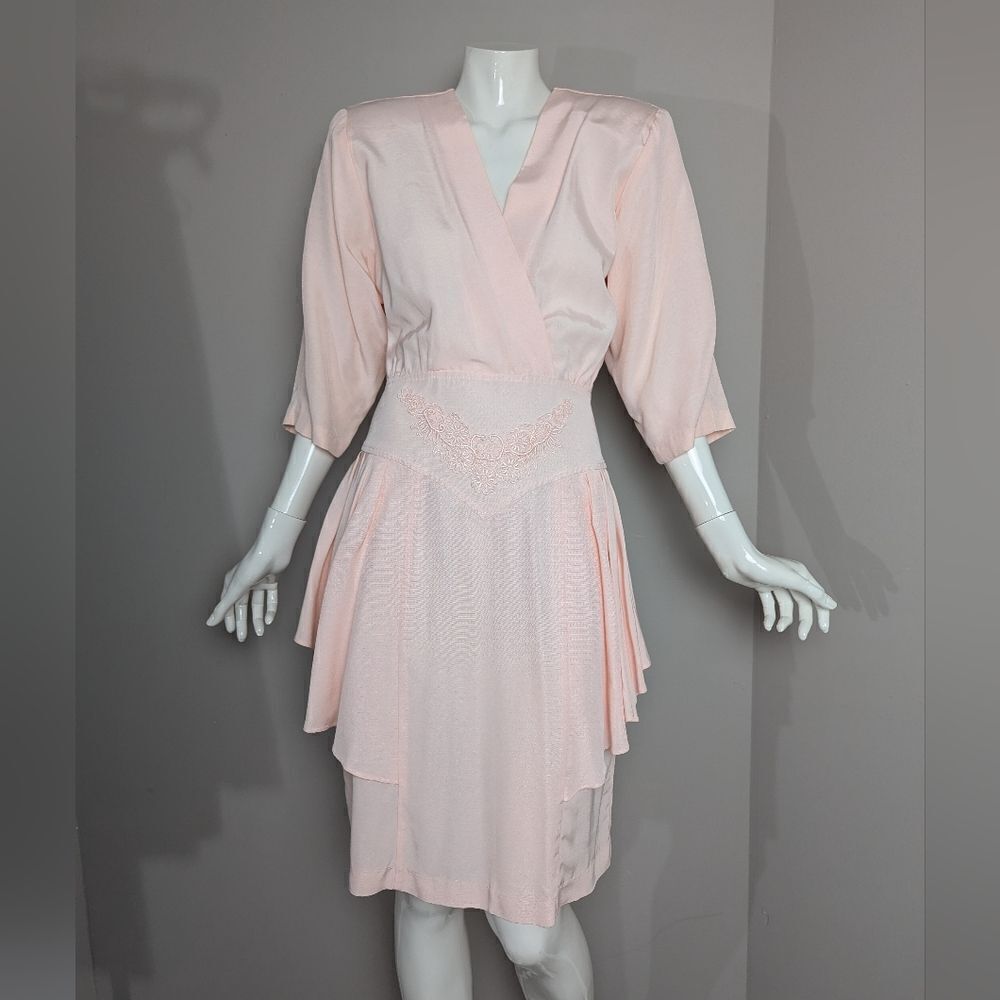 vintage women's dress 80s prom peach peplum pencil dress 6/7